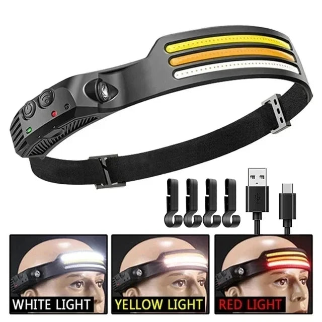 Multi-functional COB Headlamp Induction 6000K LED Bar Head Torch Work Light 5 Modes Rechargeable for Climbing Running Cycling