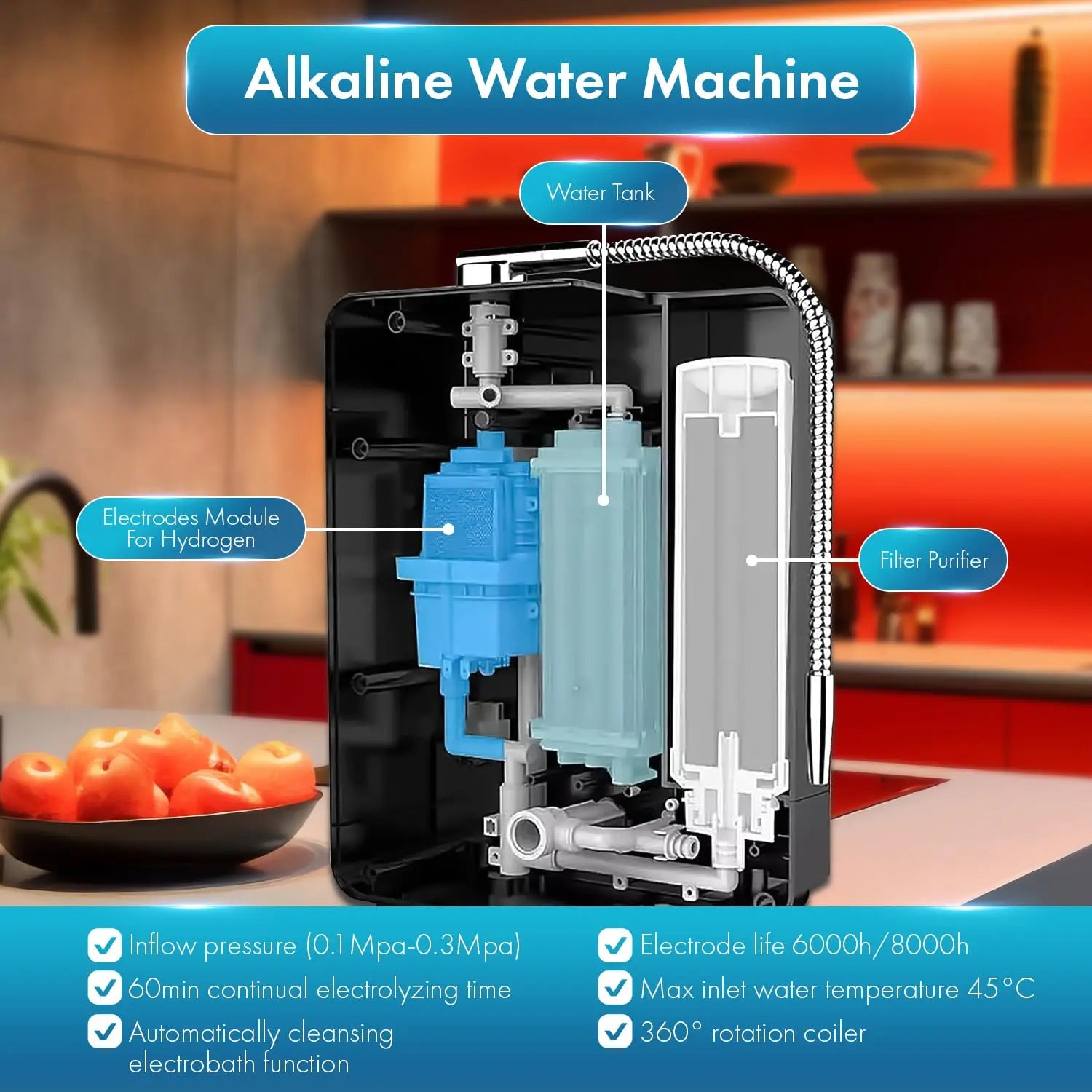 Water Ionizer Hydrogen Water Generator Machine Alkaline Acid Water Filter Auto-Cleaning, LCD Touch,