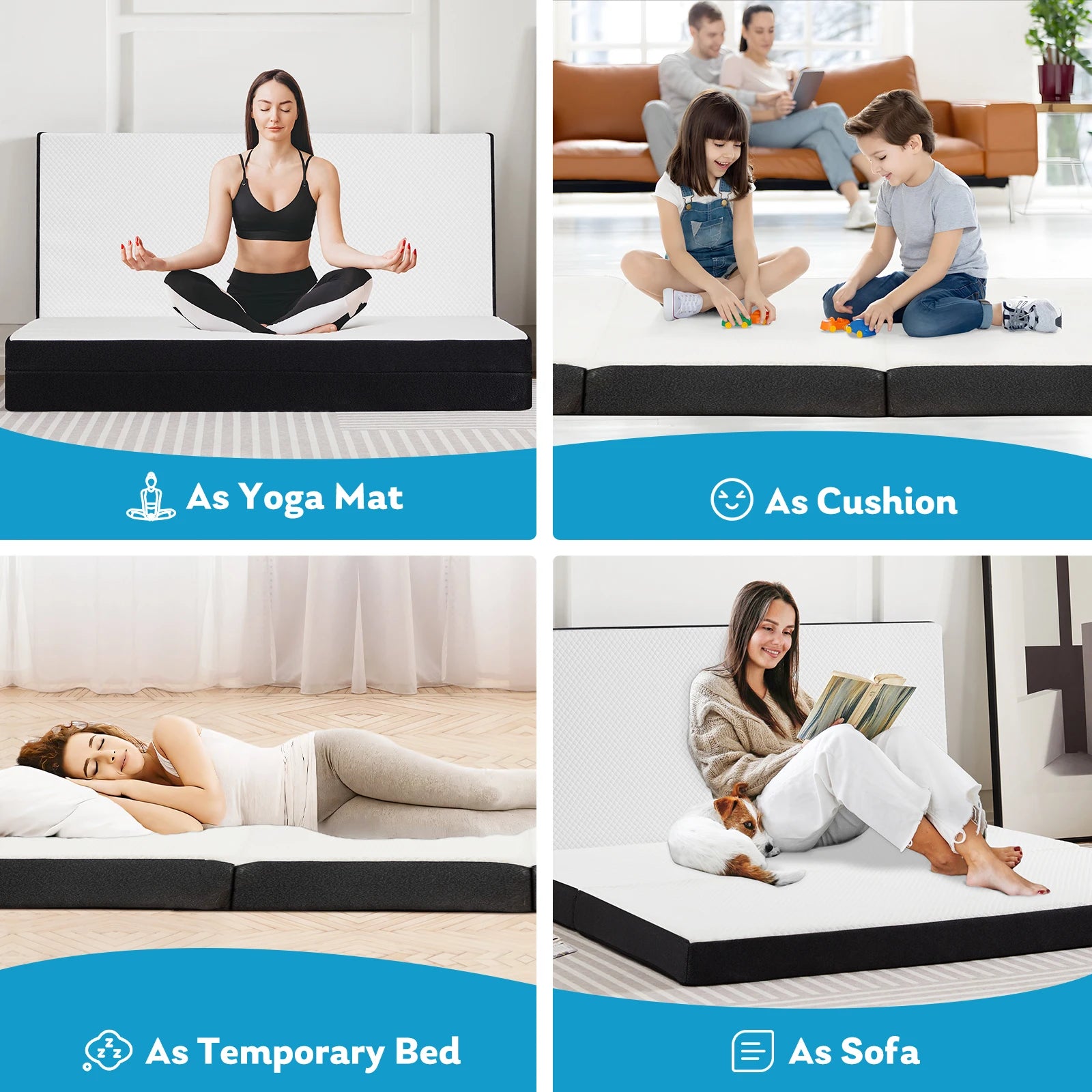 JHK Three Fold Portable Floor Bed,Certified By CertiPUR-US,Suitable For Travel,Camping,And Yoga,Soft Touch And Flexible Zipper