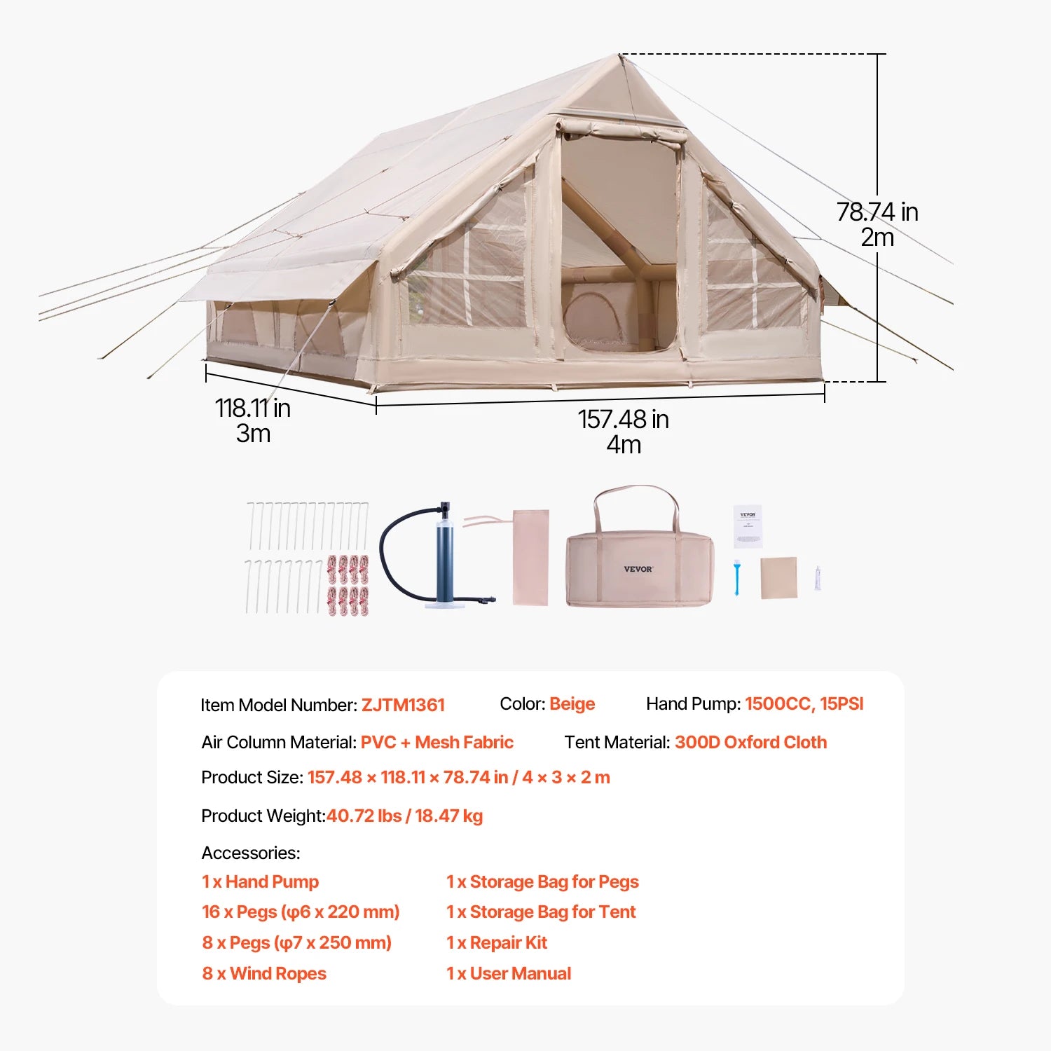 VEVOR Inflatable Tents for Camping Easy Setup Blow up Tent with Hand Pump 300D Oxford Tent with Stove Jack Storage Bag Included