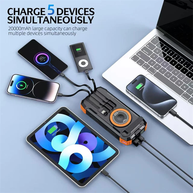 30000mAh Hand Crank Solar Power Bank Magnetic Wireless 22.5W Fast Charging for Airpods iWatch for iPhone 16 Powerbank with Light