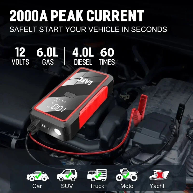 2000A Car Jump Starter Power Bank 12V Output Portable Emergency Start-up Charger 1200A for Cars Booster Battery Starting Device