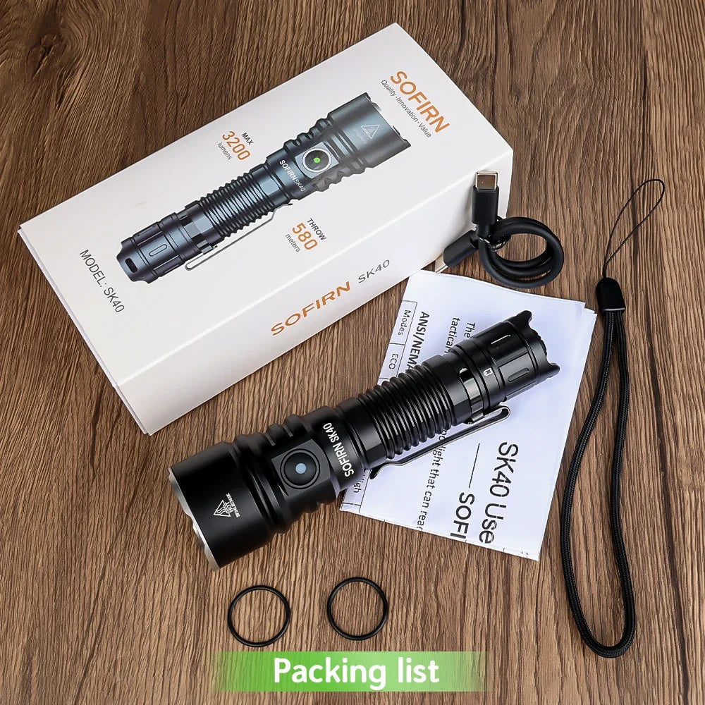 Sofirn SK40 SFT70 LED 3200lm Tactical Flashlight 21700 Rechargeable Powerful Torch 580M Long-Range With Spotlight