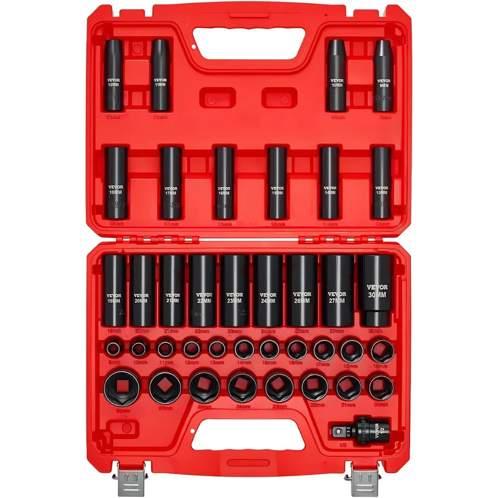 VEVOR 1/4, 3/8 & 1/2 Inch Drive Impact Socket Set, 210-Piece Full Metric/Standard with Extensions & Universal Joint, 3 Cases