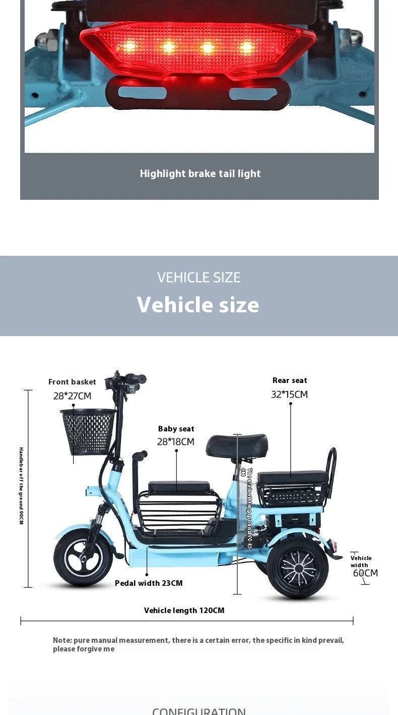 800W48V 70km folding electric tricycle small leisure vehicle for adults to ride three people portable battery car for home use