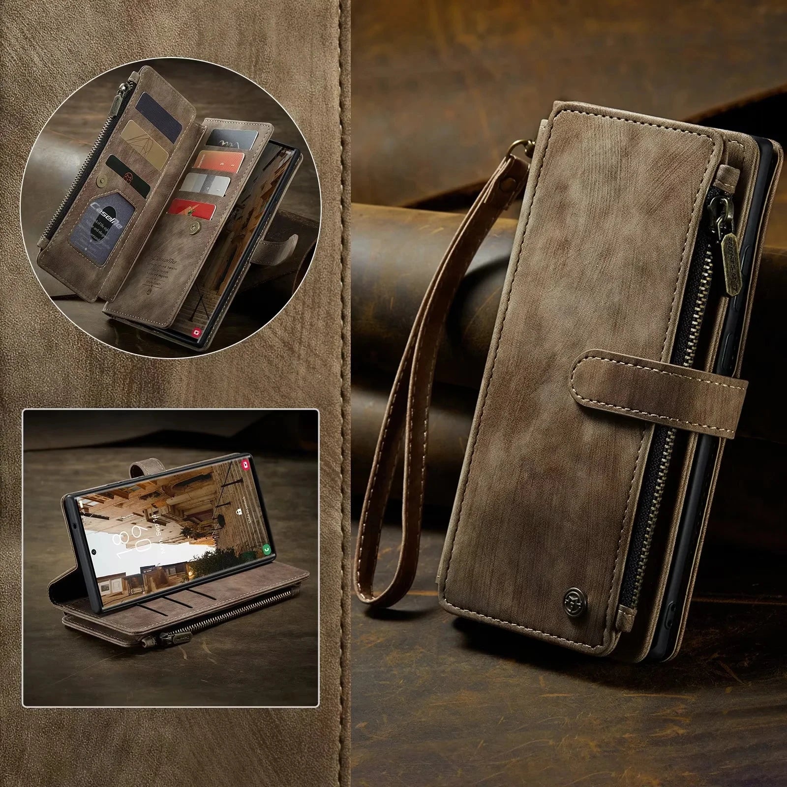 Flip Leather Phone Case For Samsung Galaxy S25 Edge S24 Ultra S23 FE S22 S21 S20 Plus Note 20 A16 A56 Zipper Wallet Card Cover