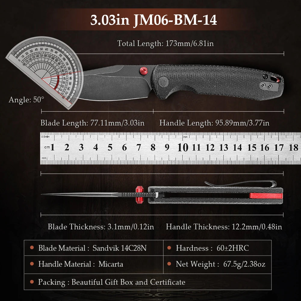 TRIVISA High Quality Folding Pocket Knife with Clip14C28 Blade Micarta Copper Handle Hunting Camping Tactical Outdoor Multi-tool