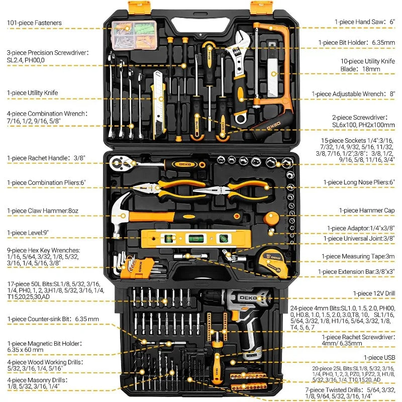 Tool Kit Box Drill Set Home Mechanic Toolbox with 12V Power Cordless Drill Hand Repair Tools Set