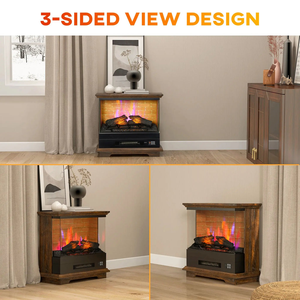 Electric Fireplace Heater 26" Free Standing 1400W Adjustable Temp Timer 7 Brightness Settings Brown