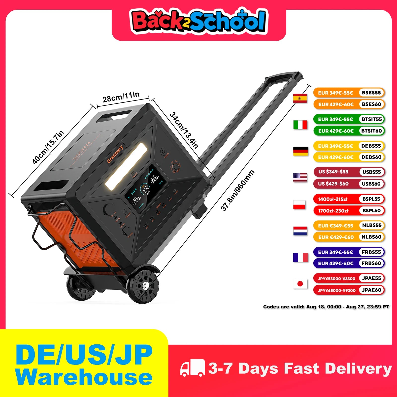 Greenery Portable Power Station 2500W/2304Wh Large Capacity Solar Generator with Cart Fast Charging Emergency Power for Backup