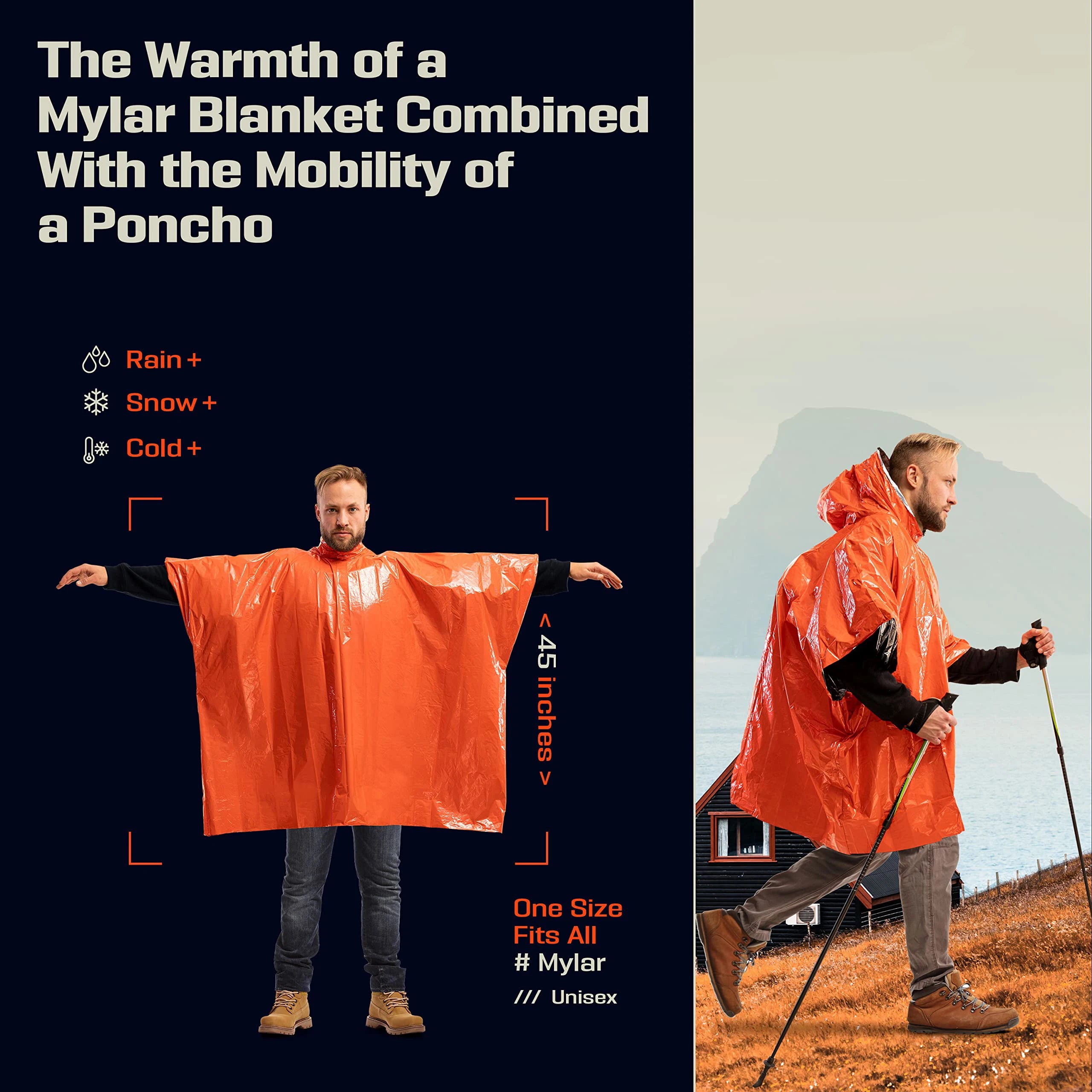 Emergency Rain Poncho with Hood - Water-Resistant & Thermal Mylar Lined, Survival Blankets for Outdoors, Camping Gear
