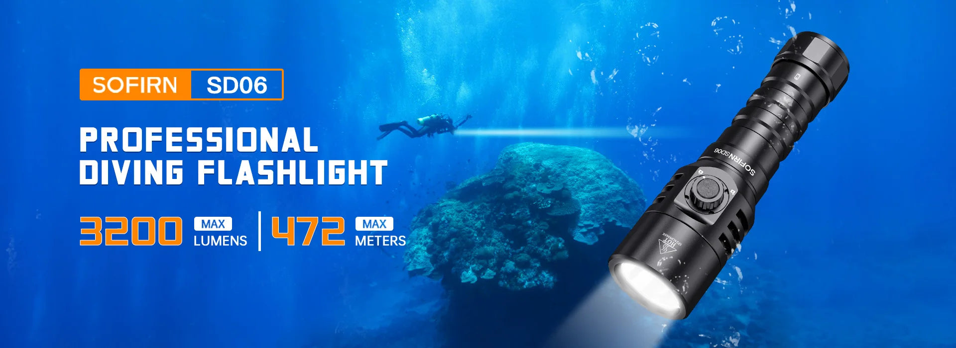 Sofirn SD06 Diving Flashlight SFT70 3200lm Rechargeable Underwater Deep Scuba Torch Dive LED Light Powerful 21700 Under 100M