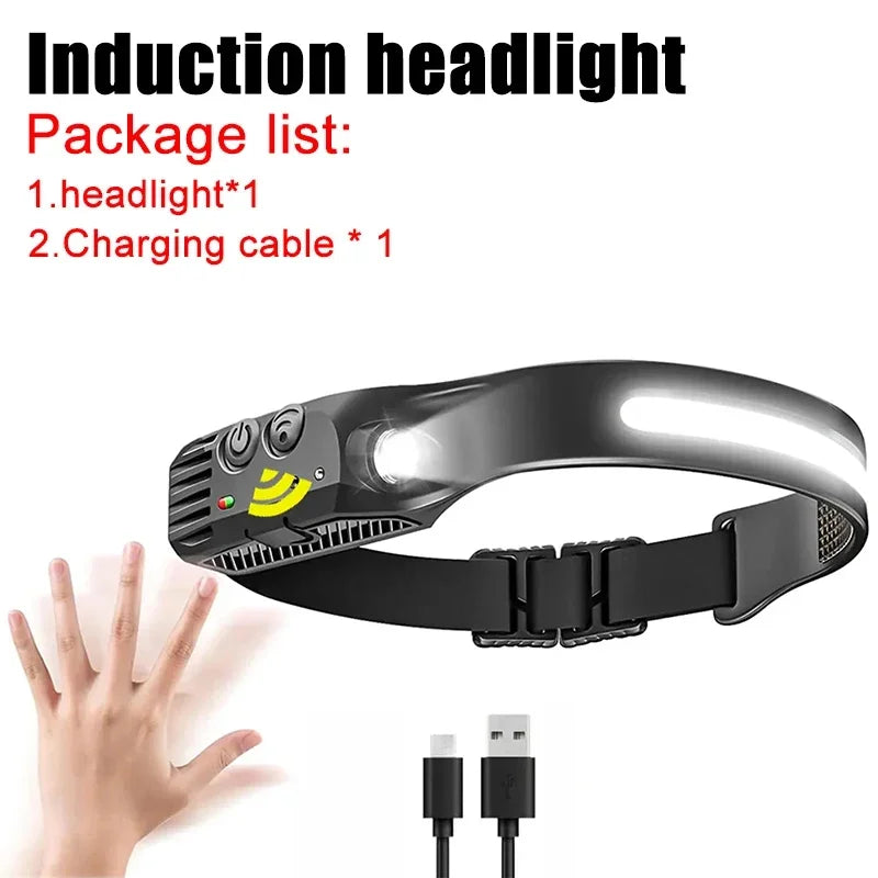 Induction Headlamp COB LED Sensor Head Lamp Built-in Battery Flashlight USB Rechargeable Head Torch 10 Lighting Modes Headlight