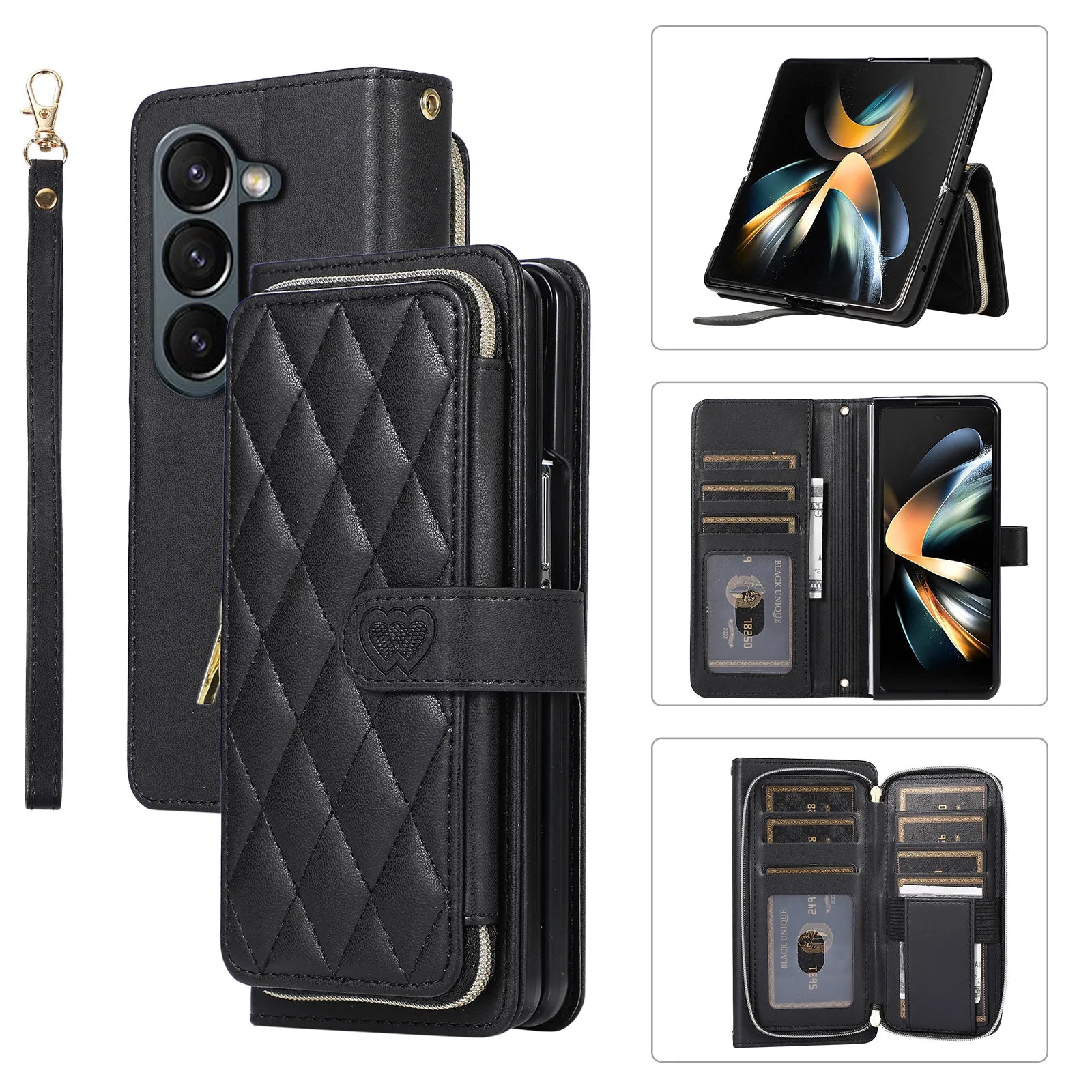 Crossbody Lanyard Leather Phone Case for Samsung Galaxy Z Fold 7 6 5 4 3 Fold5 Fold4 Fold6 5G Wallet with Card Holder Slot Cover
