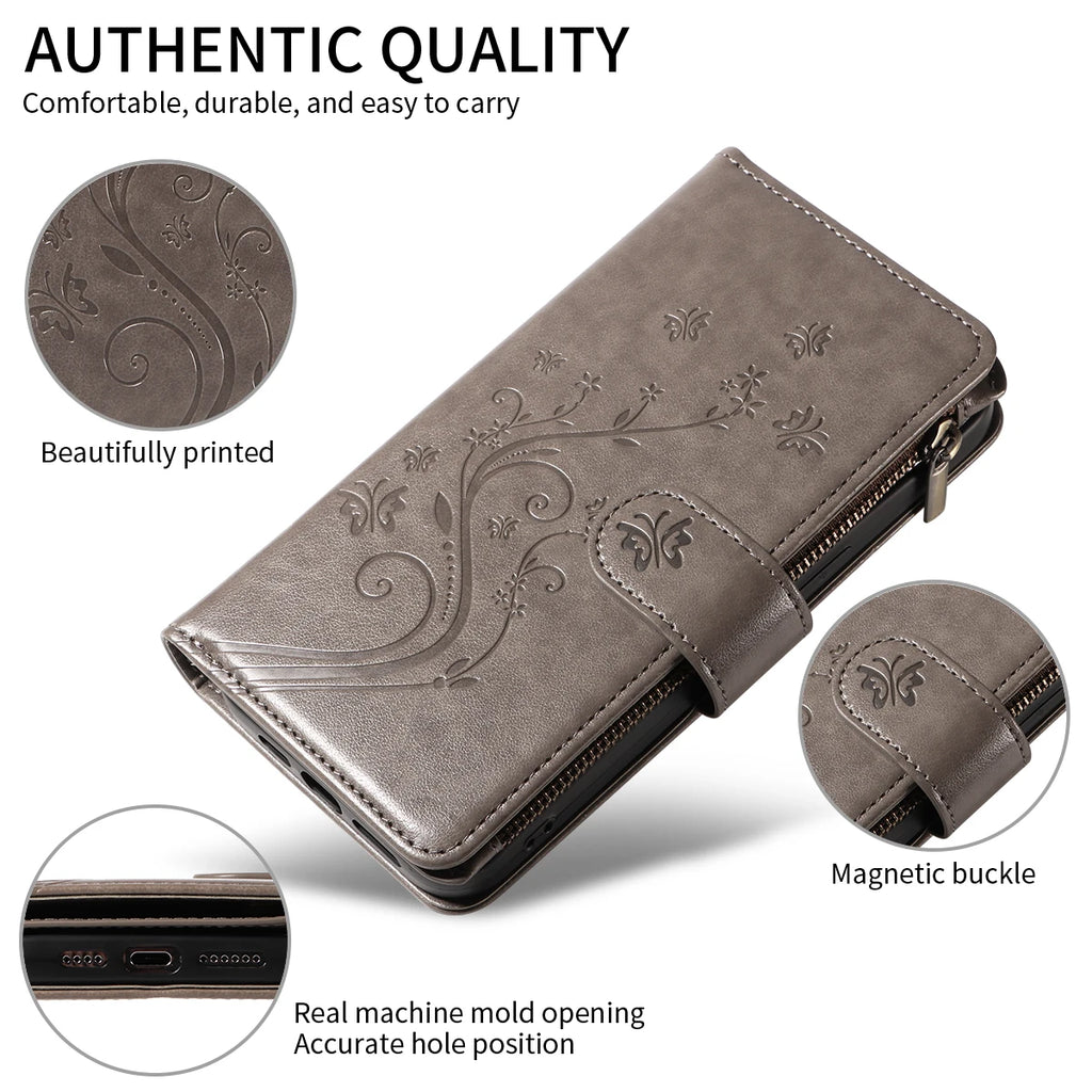 Embossed Zipper Leather Case for Samsung GalaxyS25Ultra S24 S23 S22 S21 S20 S10 S9 S8 Plus FE M33 NOTE10 Series Wallet Cover