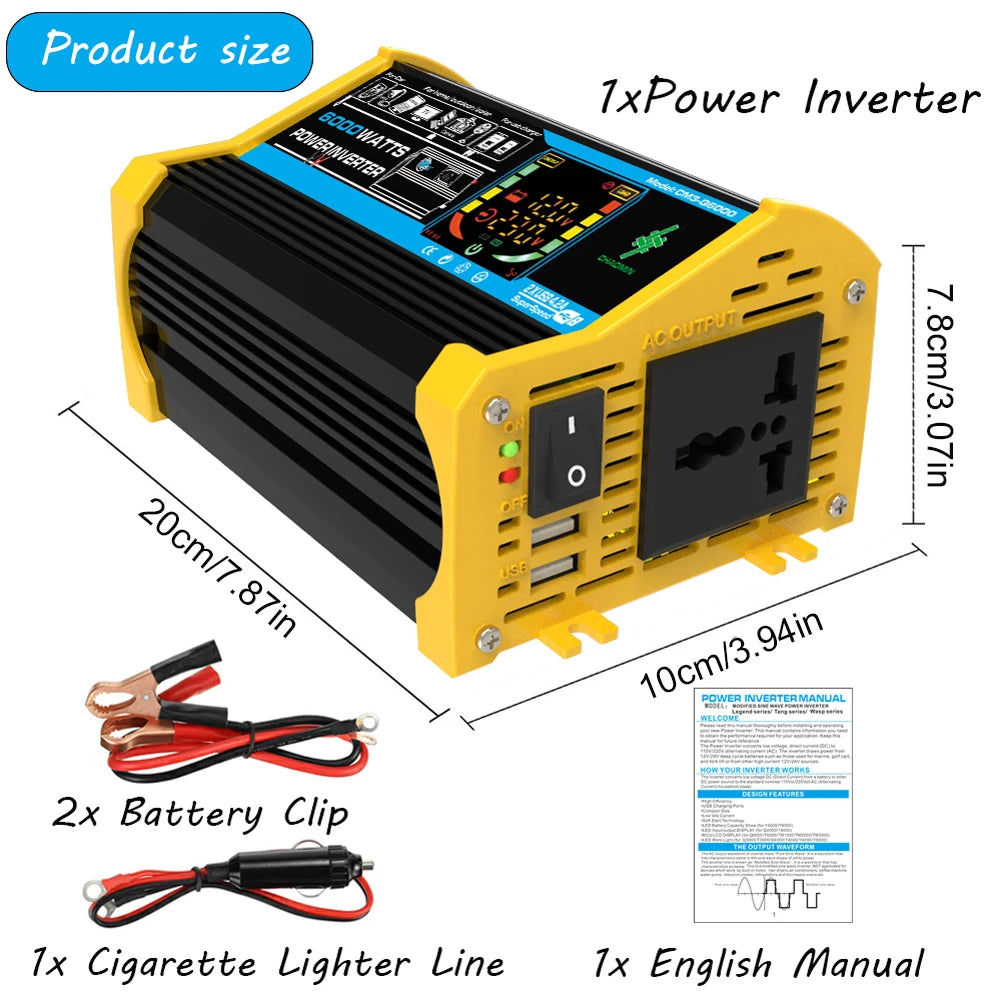 6000/4000/3000W Car Inverter 12V to 110/220V Vehicle Smart Inverter LCD Display Voltage Transformer Dual USB Car Power Supply