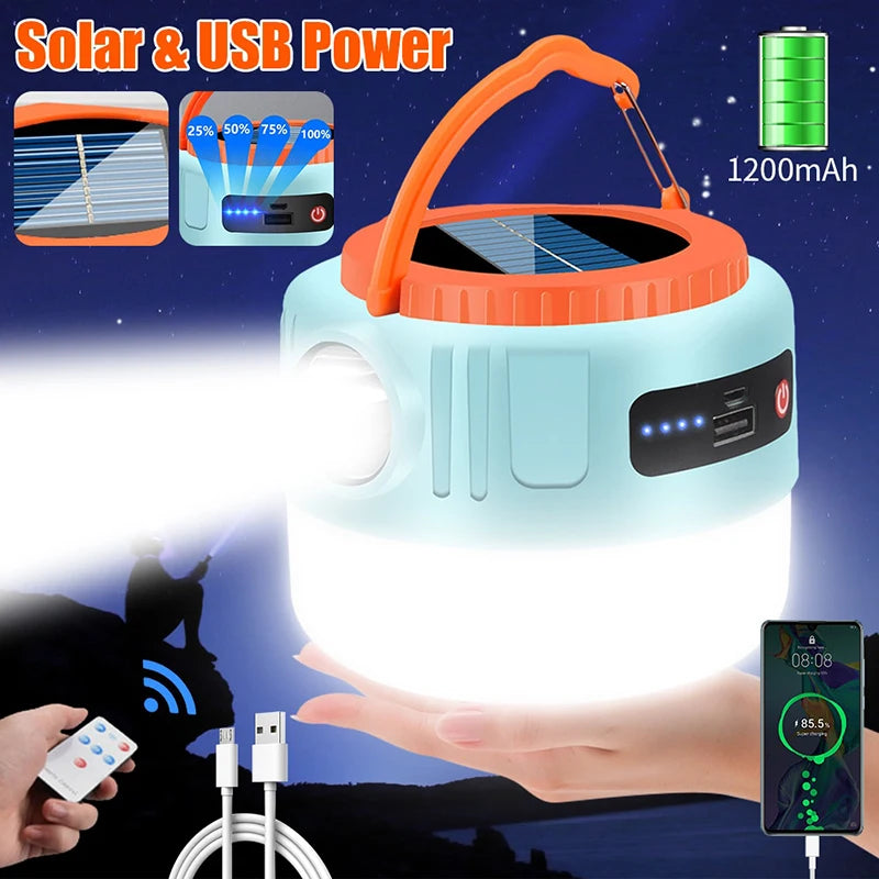 Outdoor Solar Camping Light High Power Work Light LED Flashlight Emergency Power Bank Tent Hanging Lamp Lantern Rechargeable