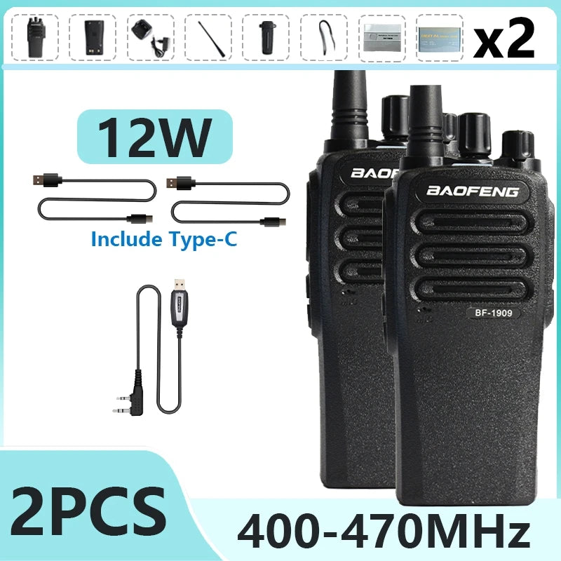 1/2PCS BaoFeng BF 1909 12W High Power Walkie Talkie Long Range UHF Two Way Radio Type C Charging Transmitter Upgrade UV 5R UV 82