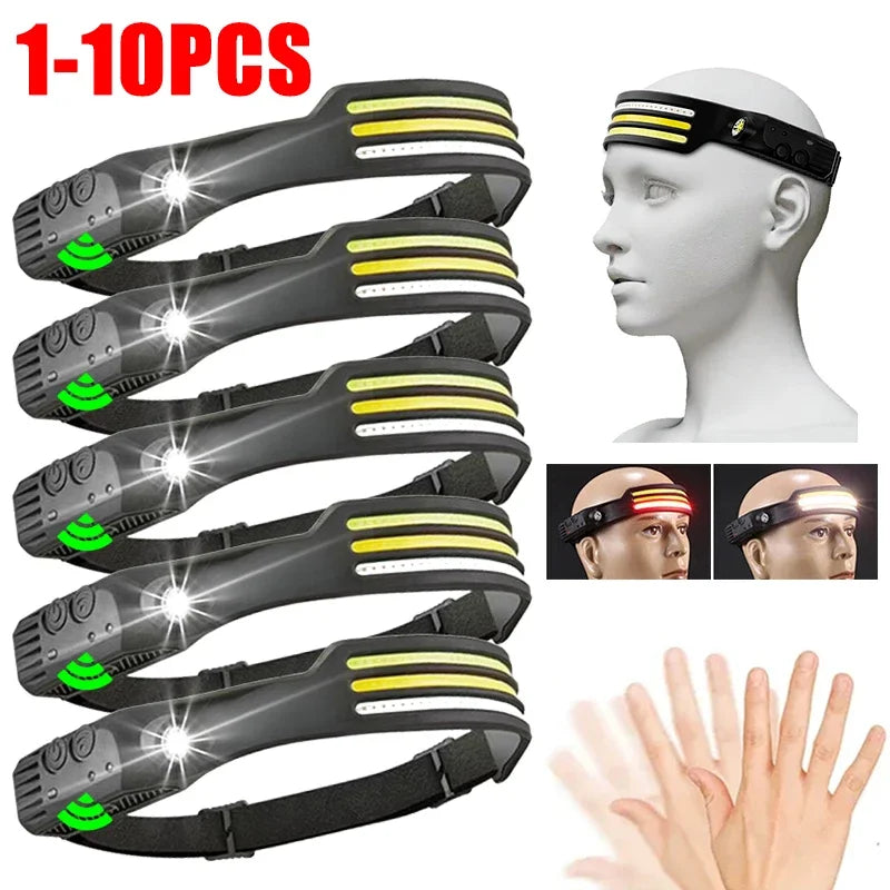 Induction Headlamp COB LED Sensor Head Lamp Built-in Battery Flashlight USB Rechargeable Head Torch 10 Lighting Modes Headlight