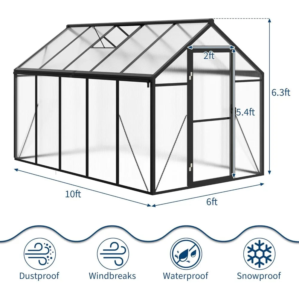 6x10 FT Greenhouse for Outdoors, Polycarbonate Flower with Roof Vent, Push-Pull Lockable Door, Aluminum Walk-in Green