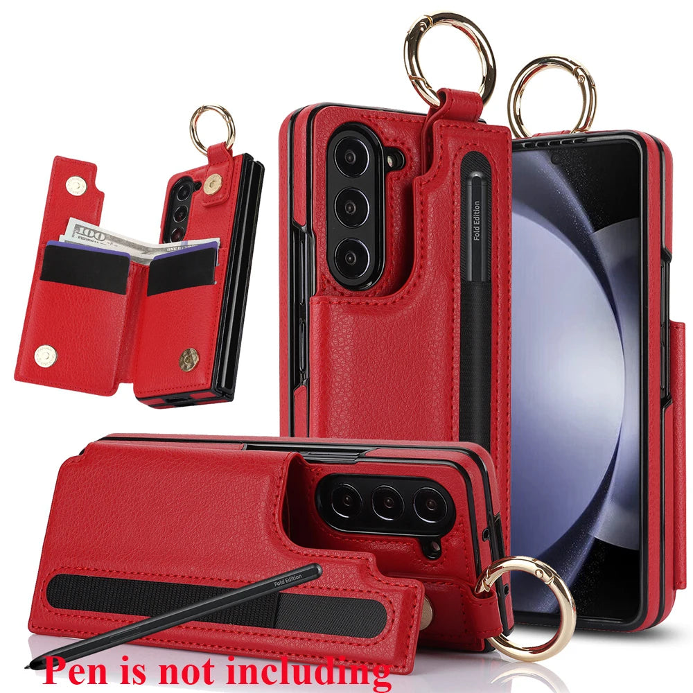 Ring Bucket Wallet Phone Case For Samsung Galaxy Z Fold7 Z Fold 6 5 7 4 3 Leather Case Kickstand Pen Cash Card Slots Phone Cover