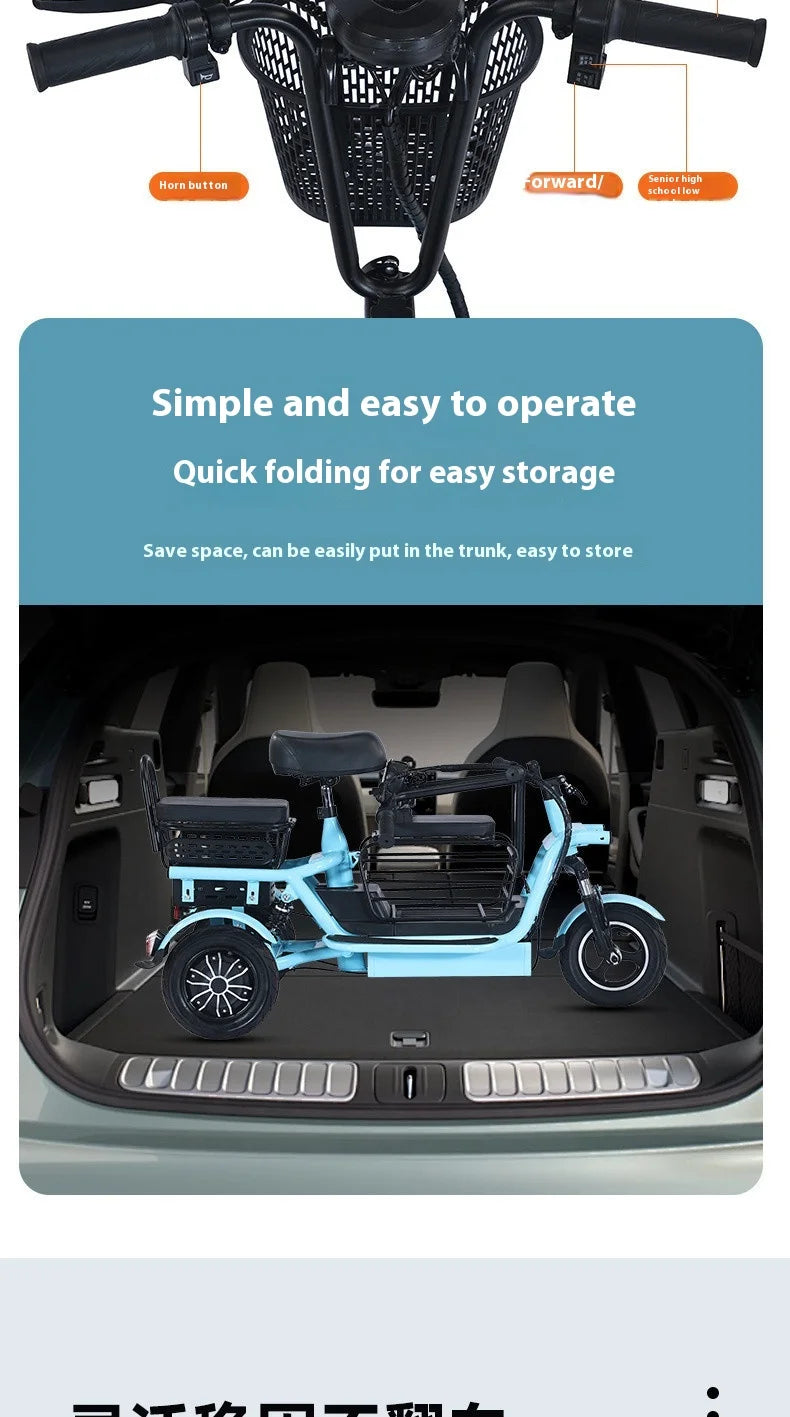 800W48V 70km folding electric tricycle small leisure vehicle for adults to ride three people portable battery car for home use