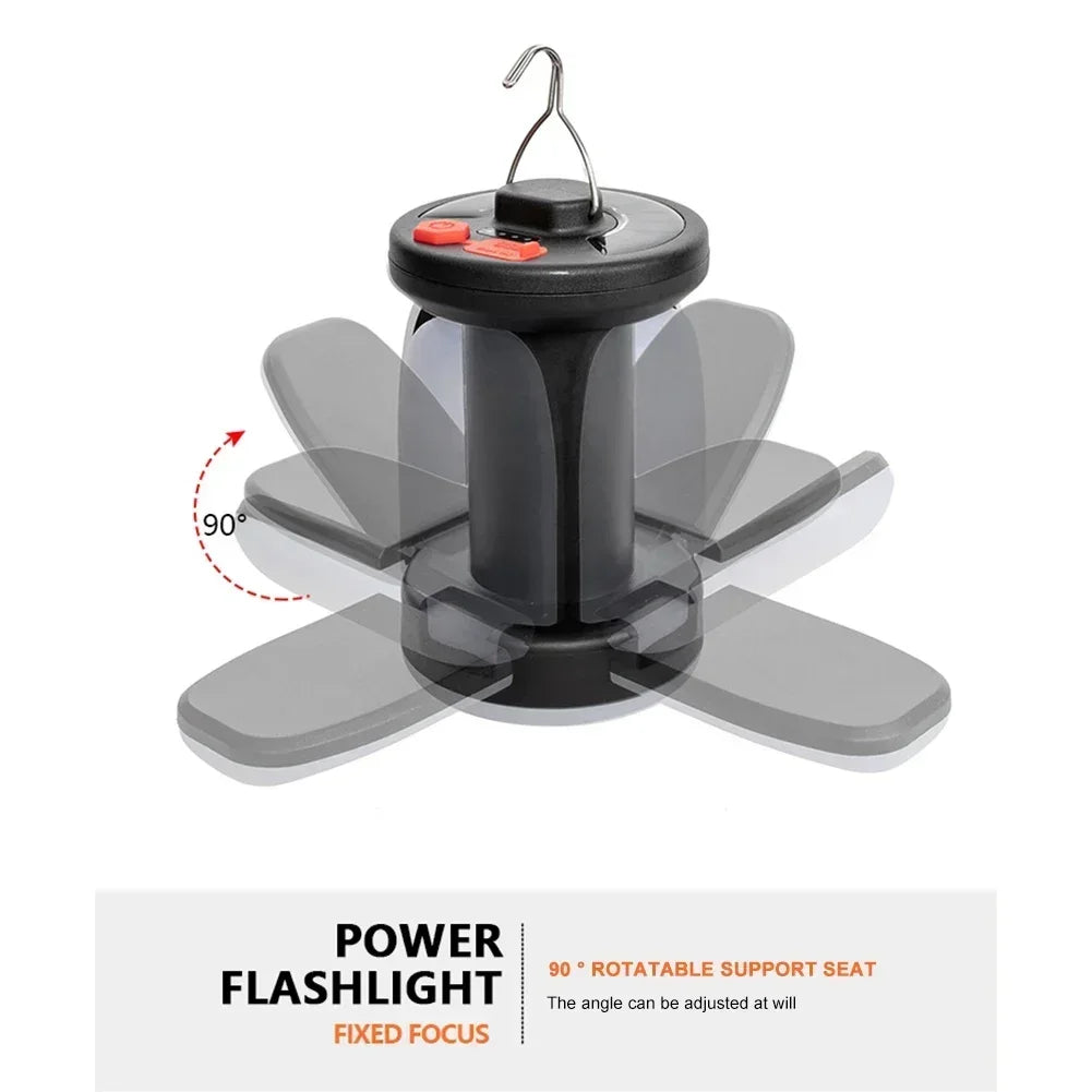 Solar Rechargeable LED Camping Lamp 4 Leaf Foldable Tent Lamp Warm Fire Atmosphere Lamp Outdoor Emergency Lighting Torch Lantern