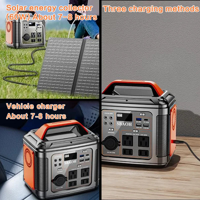 SBAOH Portable Power Station, 296Wh 300W, 110V AC Outlet, Solar Power Station with 60W Solar Panel, Travel/Outdoor/Home Use