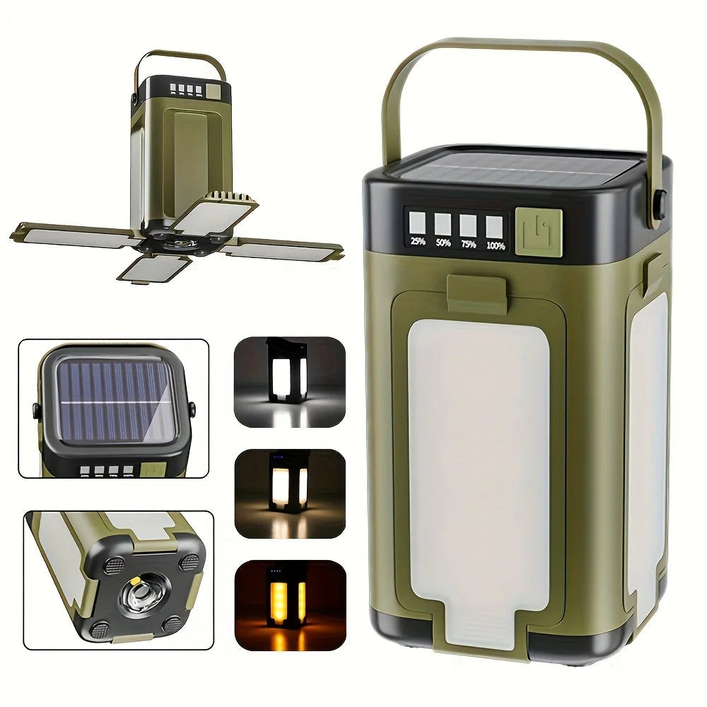 Solar Camping Light，USB/Solar Recharge Portable Lamp with 2000mAh Battery 6 Lighting Modes Outdoor Portable Hanging Tent Light