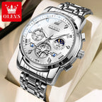 OLEVS 2856 Quartz Watch for Men Flywheel Skeleton Chronograph Moon Phase