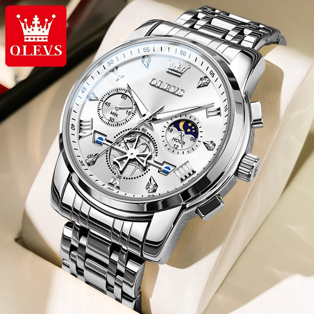 OLEVS 2856 Quartz Watch for Men Flywheel Skeleton Chronograph Moon Phase