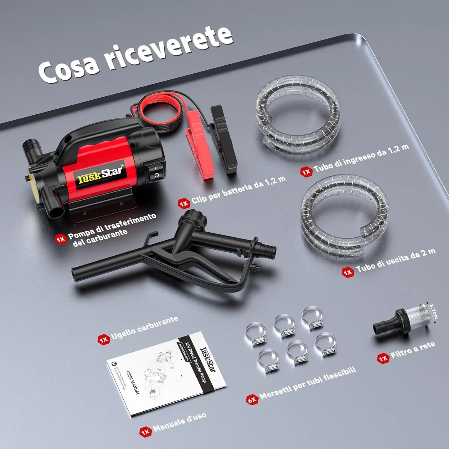 TaskStar 12V Electric Fuel Transfer Pump Kit 13GPM Battery Diesel Transfer Pump with Fuel Nozzle Hoses for Home Business Farm