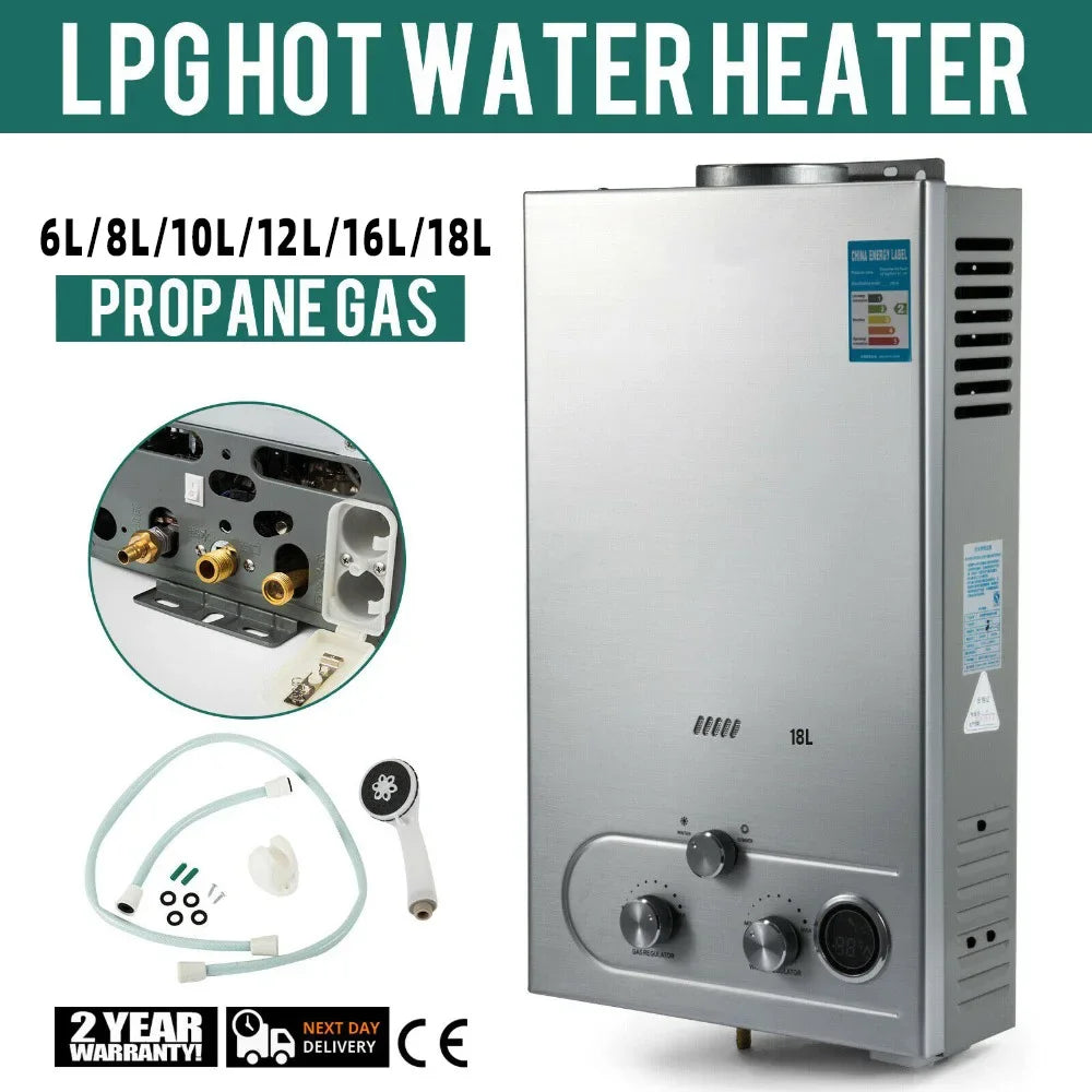 VEVOR 6L 8L 10L 12L 16L 18L LPG Portable Instand Water Heater Propane Gas LPG Wall-Mounted Tankless Water Heater Digital Display