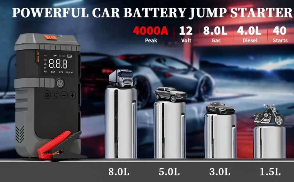 Car Jump Starter with Air Pump 3000A Peak Starter Box 150PSI Digital Tire Inflator Car Battery Jump Starter With Air Compressor