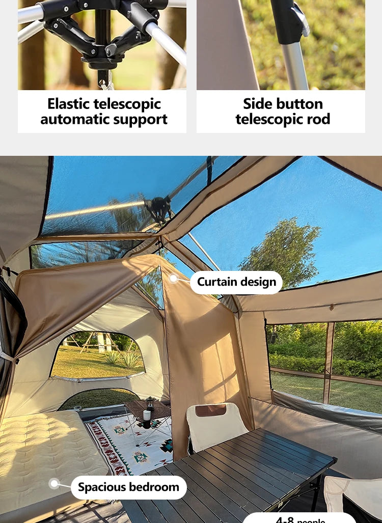 Sonuto Automatic Large Camping Tent 3-8 Person Quick Setup Double Hall Ridge Tent with Canopy for Outdoor Family Adventures