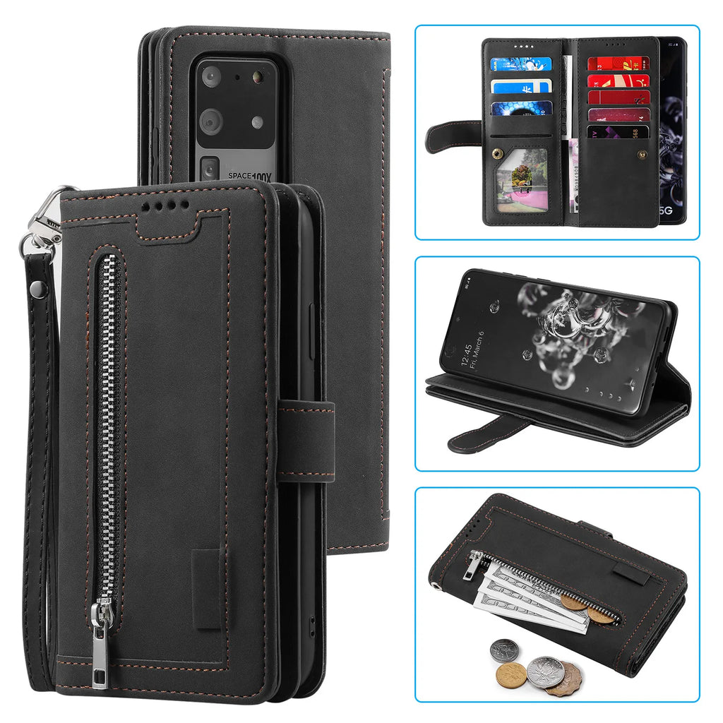 Zipper Wallet Case for Samsung Galaxy S25Ultra S24 Ultra 24FE S25 Plus Leather Case Kickstand Phone Cover Cash Cards Pocket