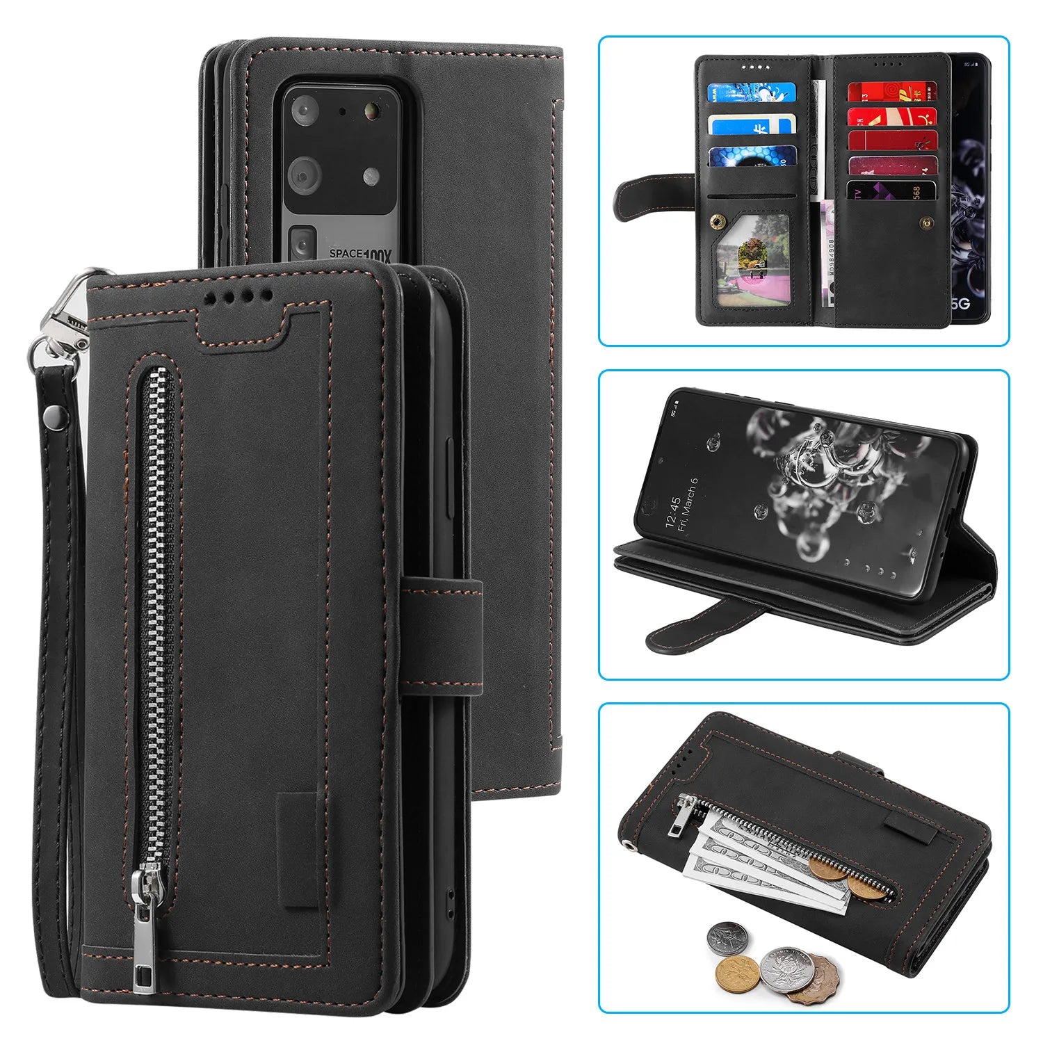 Zipper Wallet Case for Samsung Galaxy S25Ultra S24 Ultra 24FE S25 Plus Leather Case Kickstand Phone Cover Cash Cards Pocket