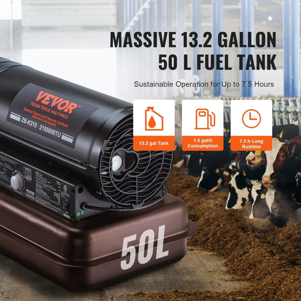 Kerosene Forced Air Heater, 215000 BTU Portable Torpedo Diesel Space Heater with Thermostat, 13.2 Gallon Tank Energy-Efficient h