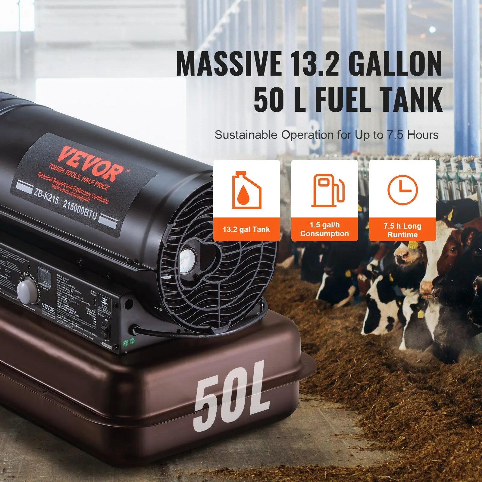 Kerosene Forced Air Heater, 215000 BTU Portable Torpedo Diesel Space Heater with Thermostat, 13.2 Gallon Tank Energy-Efficient h