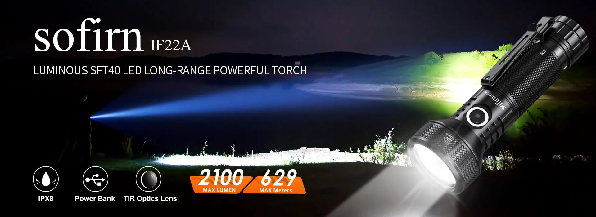Sofirn IF22A 2100lm Flashlight 21700 Powerful Light SFT40 LED 629M Long Range USB C Rechargeable Charging  Throw Torch