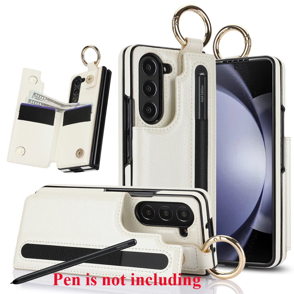 Ring Bucket Wallet Phone Case For Samsung Galaxy Z Fold7 Z Fold 6 5 7 4 3 Leather Case Kickstand Pen Cash Card Slots Phone Cover