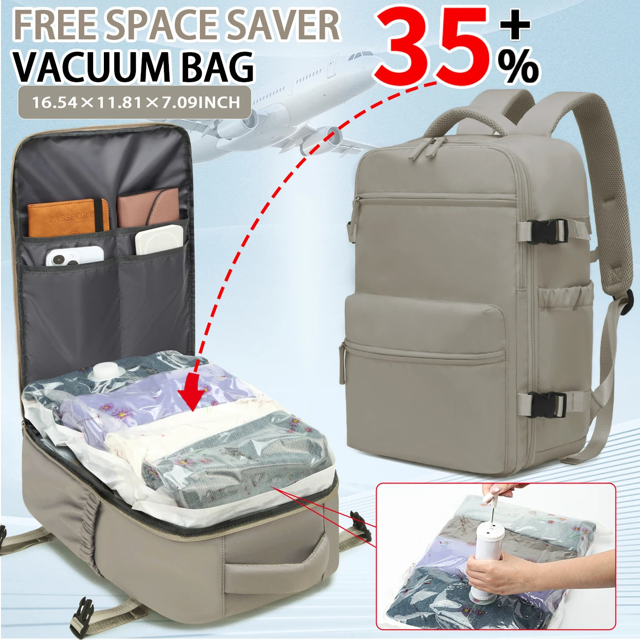 Vacuum Storage Travel Backpack, Airline Carry-On Bag, Business Laptop Backpack & Tote Bag for Men and Women