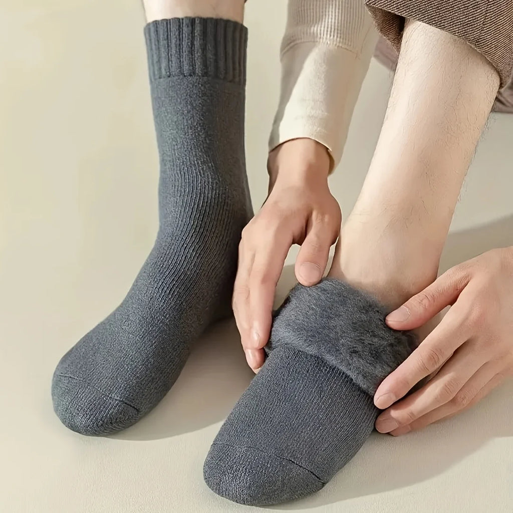 Men's Winter Velvet Snow Socks, 3-Pairs. Plush, warm & knitted for US 9-11. Perfect outdoor/work gift!