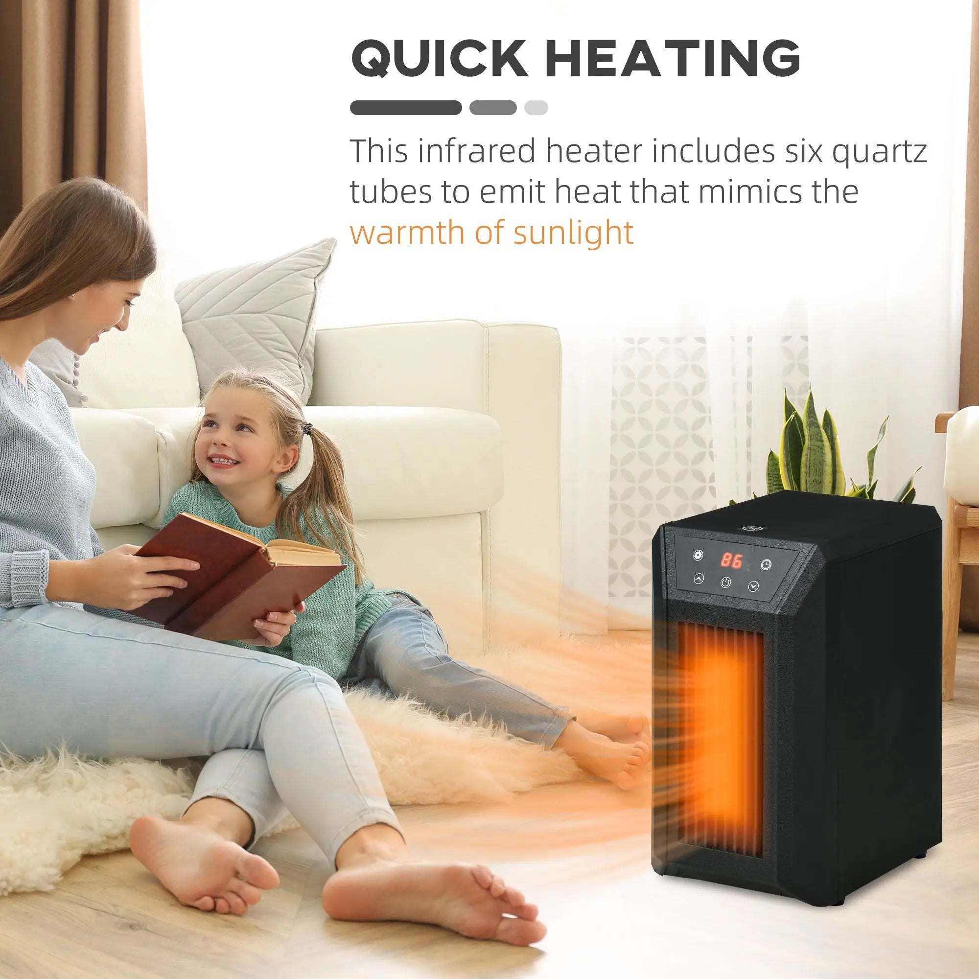 Portable Electric Space Heater 1500W Fast Heating Infrared Quartz Element Thermostat 3 Modes Remote 12h Timer