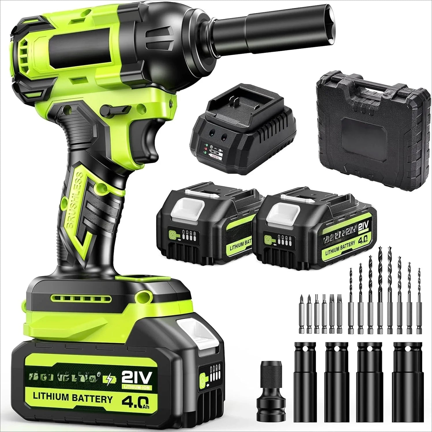 Cordless Impact Wrench, 406Ft-lbs (550N.m) Brushless 1/2 inch, 2800RPM High Torque Impact Gun, 2x 4.0Ah , Charger, 4 Sockets