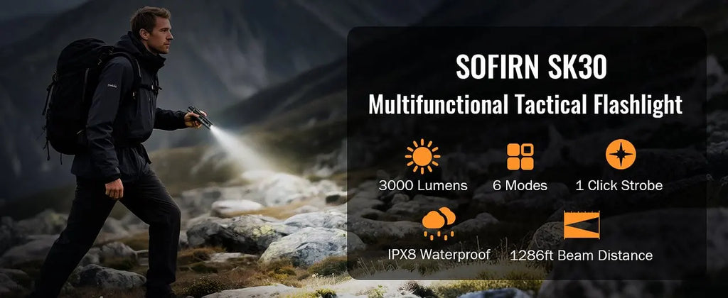 SOFIRN SK30 Tactical Rechargeable 6000K Flashlight 3000 High Lumen Pocket 21700 LED with Dual Tail Switches