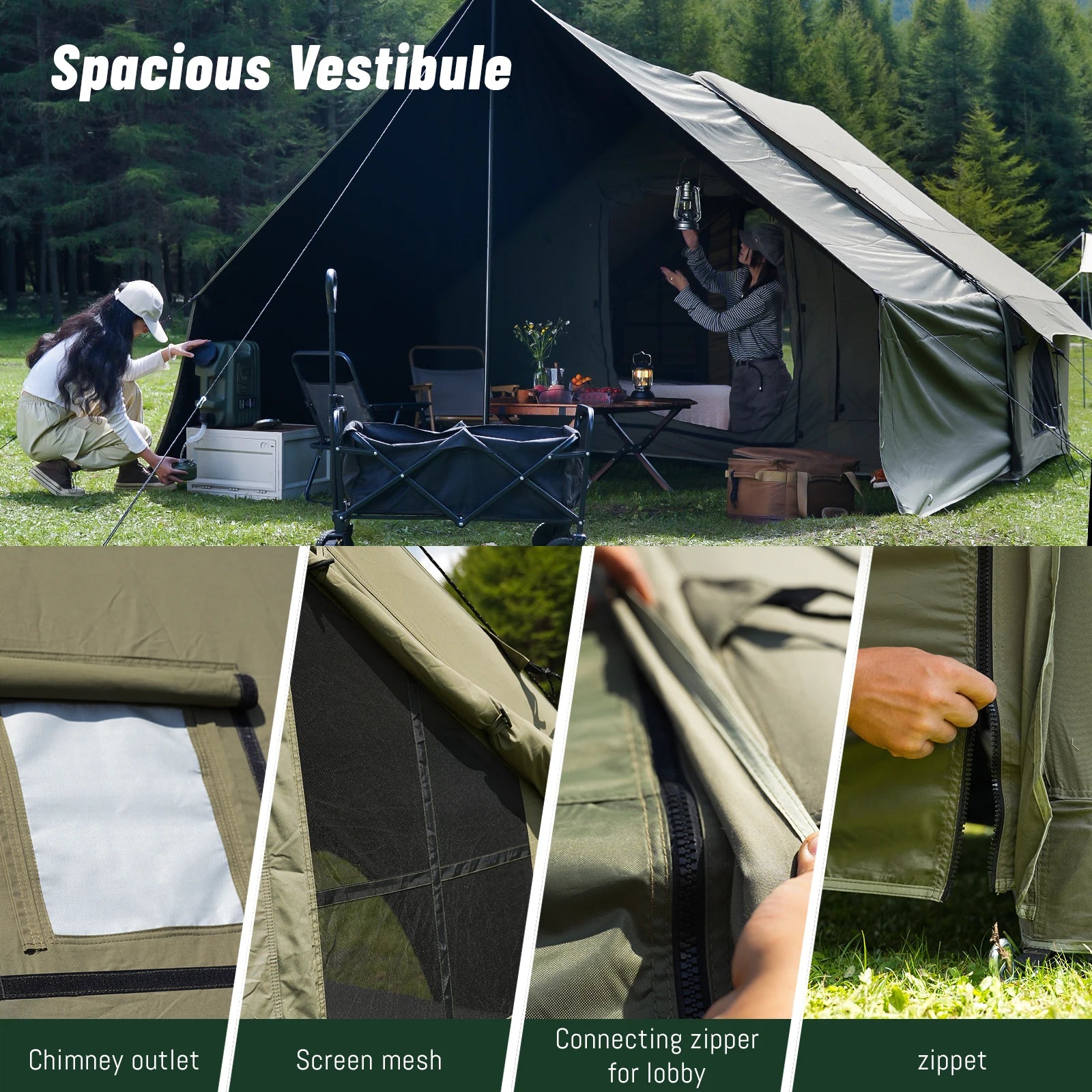 PAKICETUS 8-Person Inflatable Glamping Tent, Green Tent with Mesh Windows & Hand Pump with Extra-Large Canopy Living Room