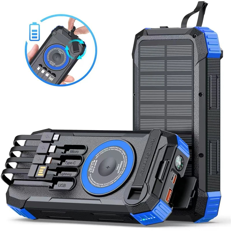 30000mAh Hand Crank Solar Power Bank Magnetic Wireless 22.5W Fast Charging for Airpods iWatch for iPhone 16 Powerbank with Light