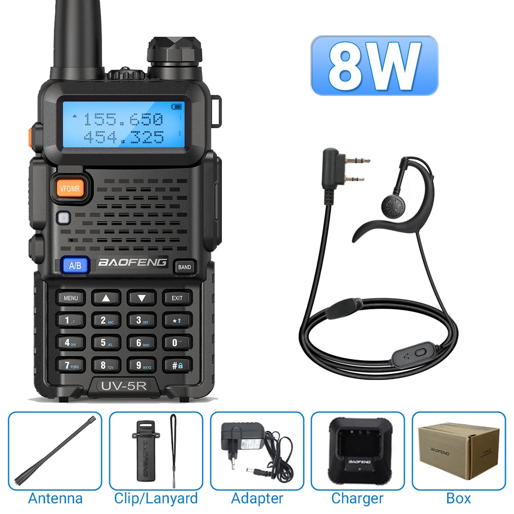 Baofeng UV-5R 8W Walkie Talkie Portable Tri-Power Two Way Radio Communication VHF UHF Receiver Long Range Headset For Camping