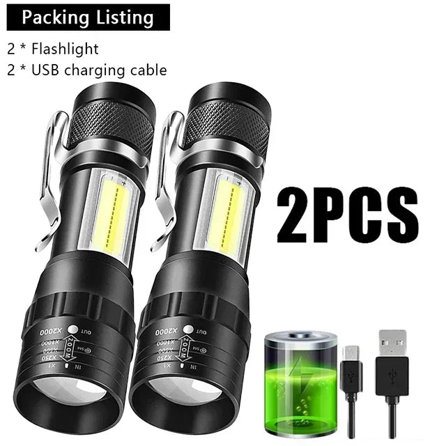 Mini Portable 2000 Lumens Led Flashlight Built In Battery Torch COB Variable Focus Waterproof Tactical Flashlight Bulb Light